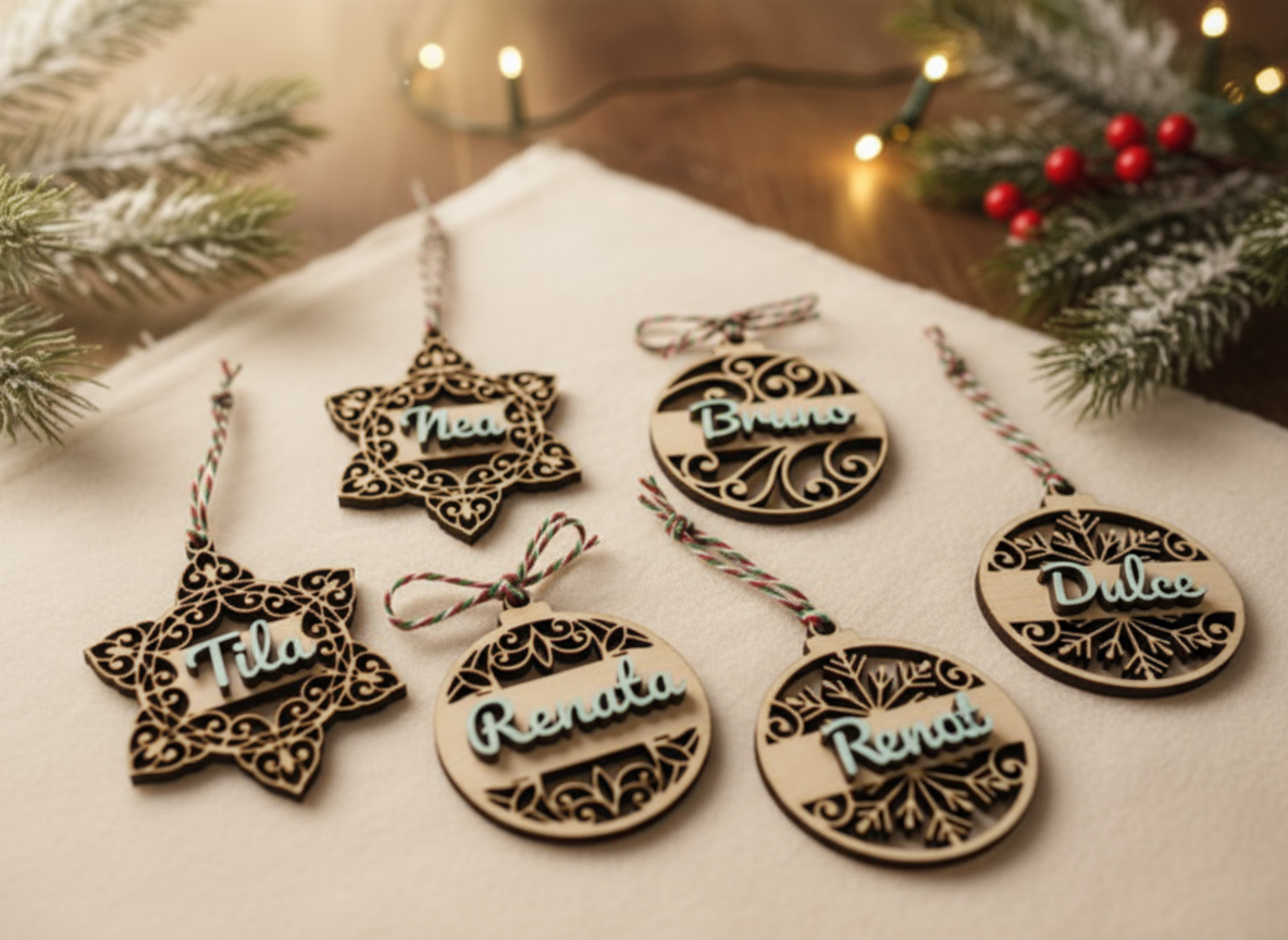 Personalized Laser Cut Wooden Christmas Ornaments with Names – personalizirana zasnova božičnega okraska