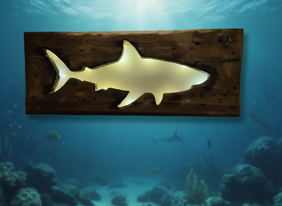 Applique murale silhouette de grand requin blanc, idée de lampe en bois et déco lumineuse