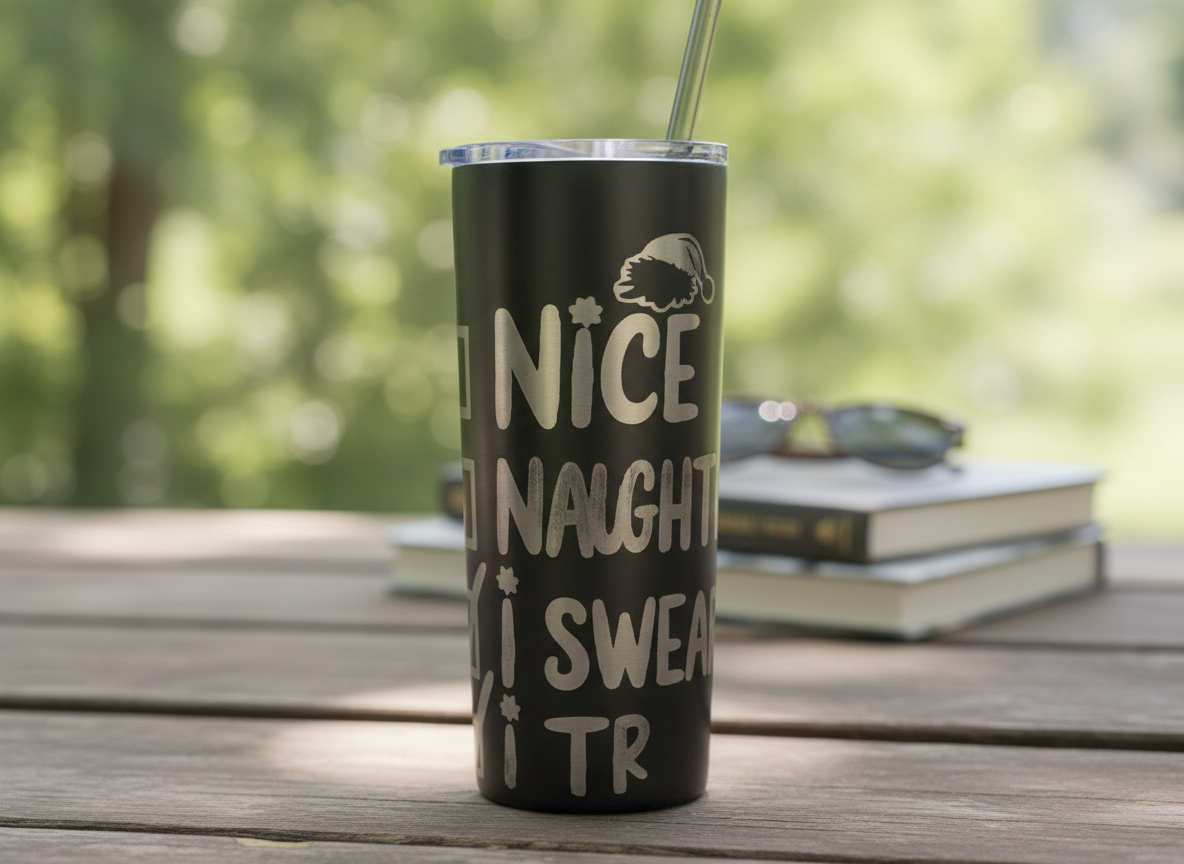 Laser-Engraved Black Metal Tumbler with Custom Text laser engraved custom tumbler idea