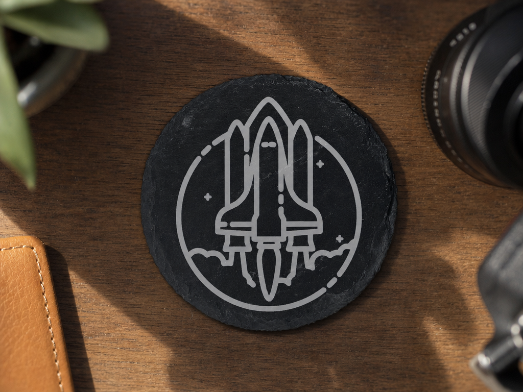Round Slate Coaster with Space Shuttle Launch Illustration