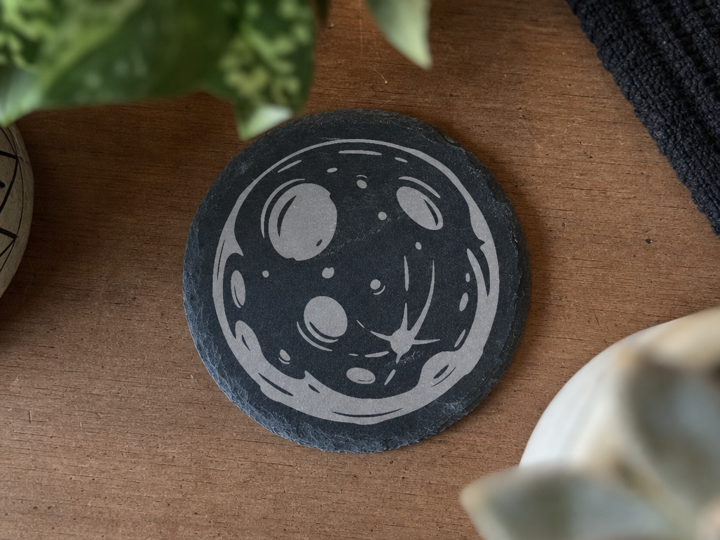 Round Slate Coaster Featuring a Detailed Moon Illustration paper coasters idea