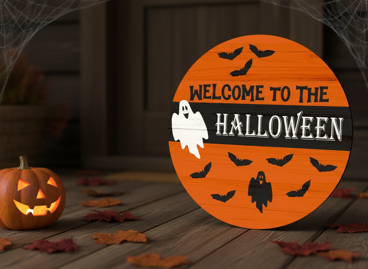 Panneau de bienvenue Halloween en bois avec fantômes et chauves-souris, décoration d'Halloween pour extérieur découpée au laser