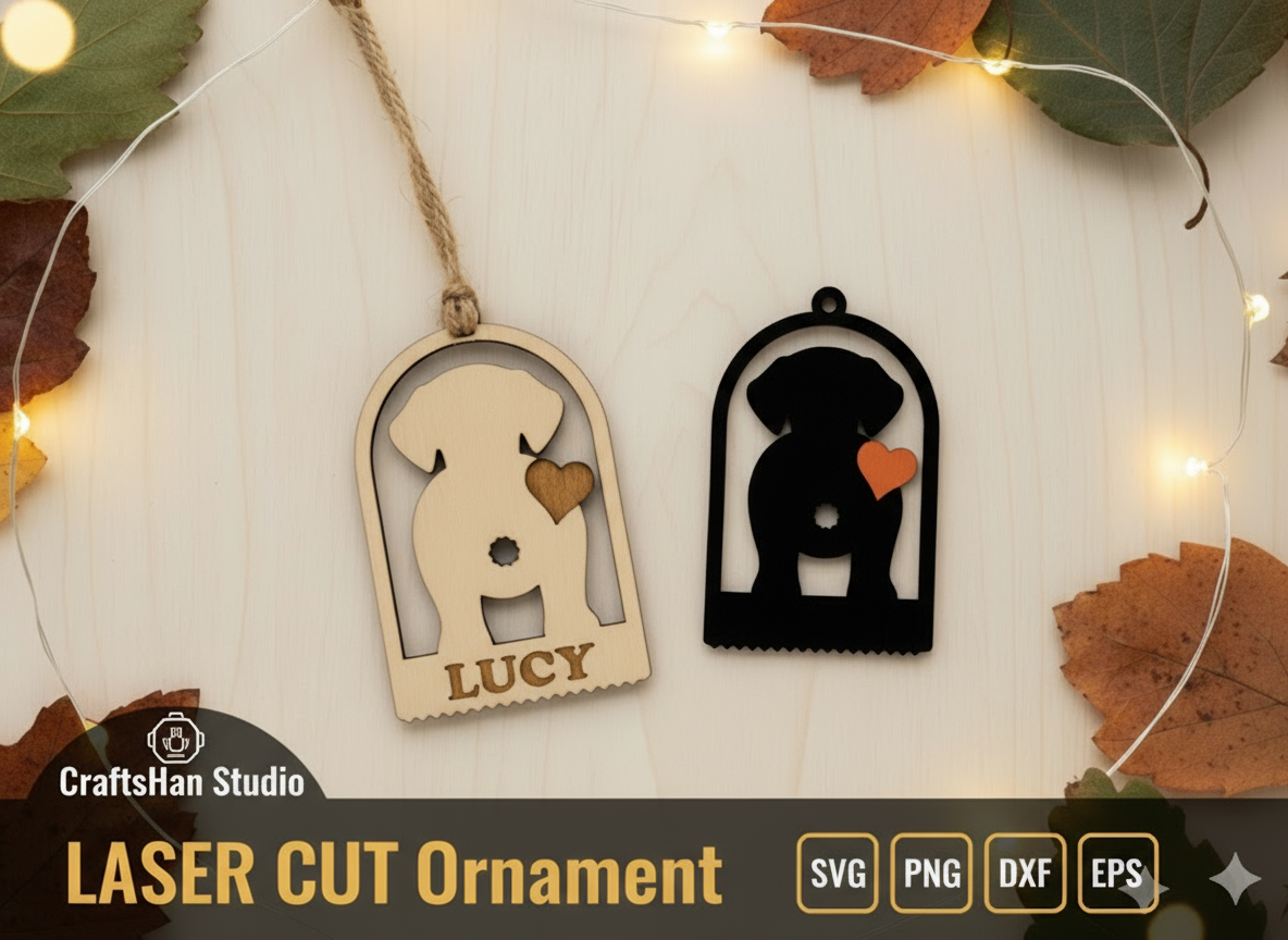 Laser Cut Dog Silhouette Personalized Ornament with Heart personalized ornament design on Atomm