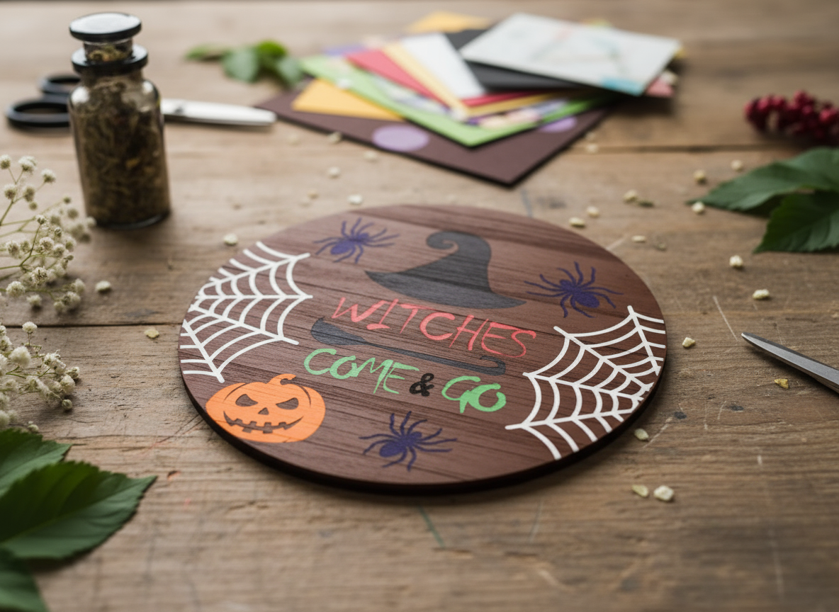 Decorazione da parete in legno tagliata al laser a tema Halloween con cappello da strega e zucca - idea di decorazione per la festa di Halloween