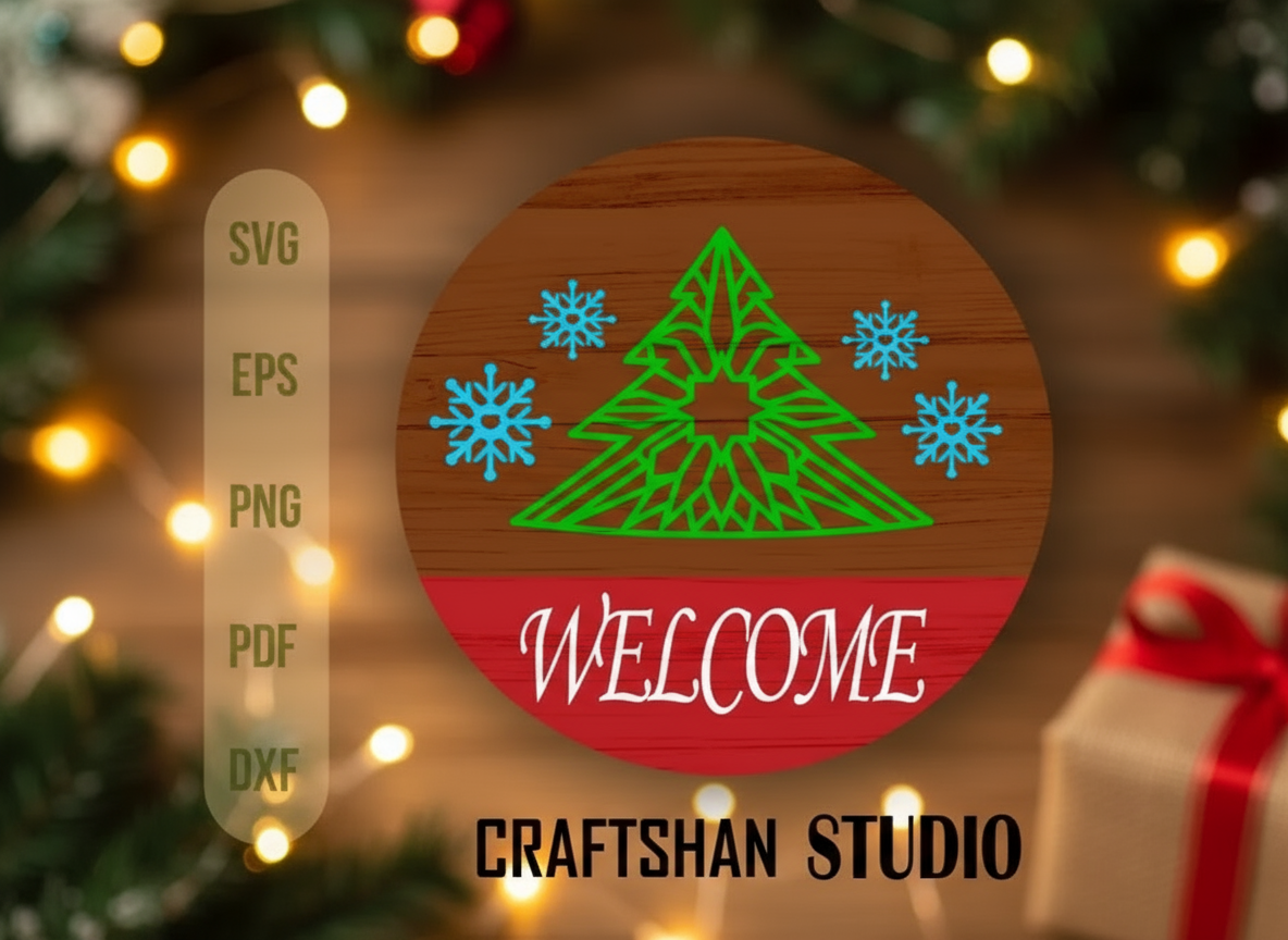 Laser cut wooden welcome Christmas tree sign with snowflakes for porch or yard