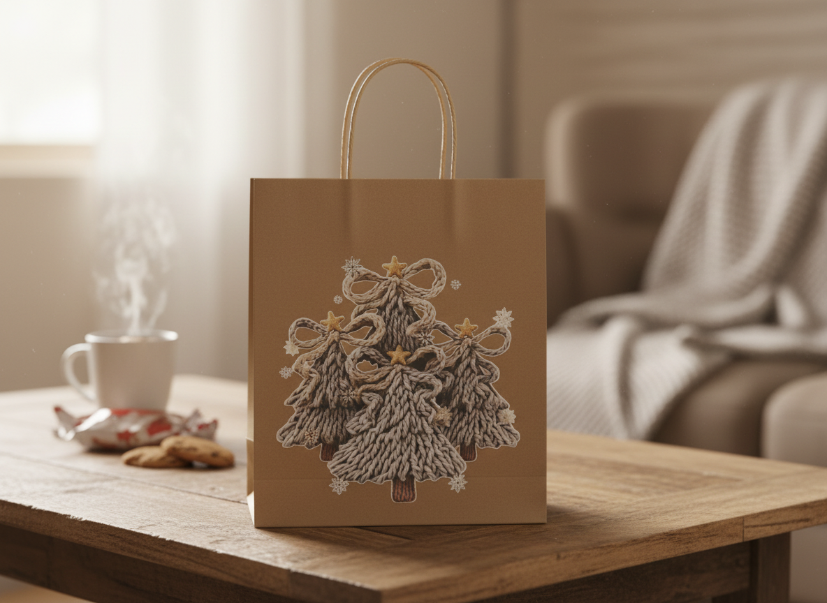 Brown Paper Gift Bag with Knitted Christmas Tree Design