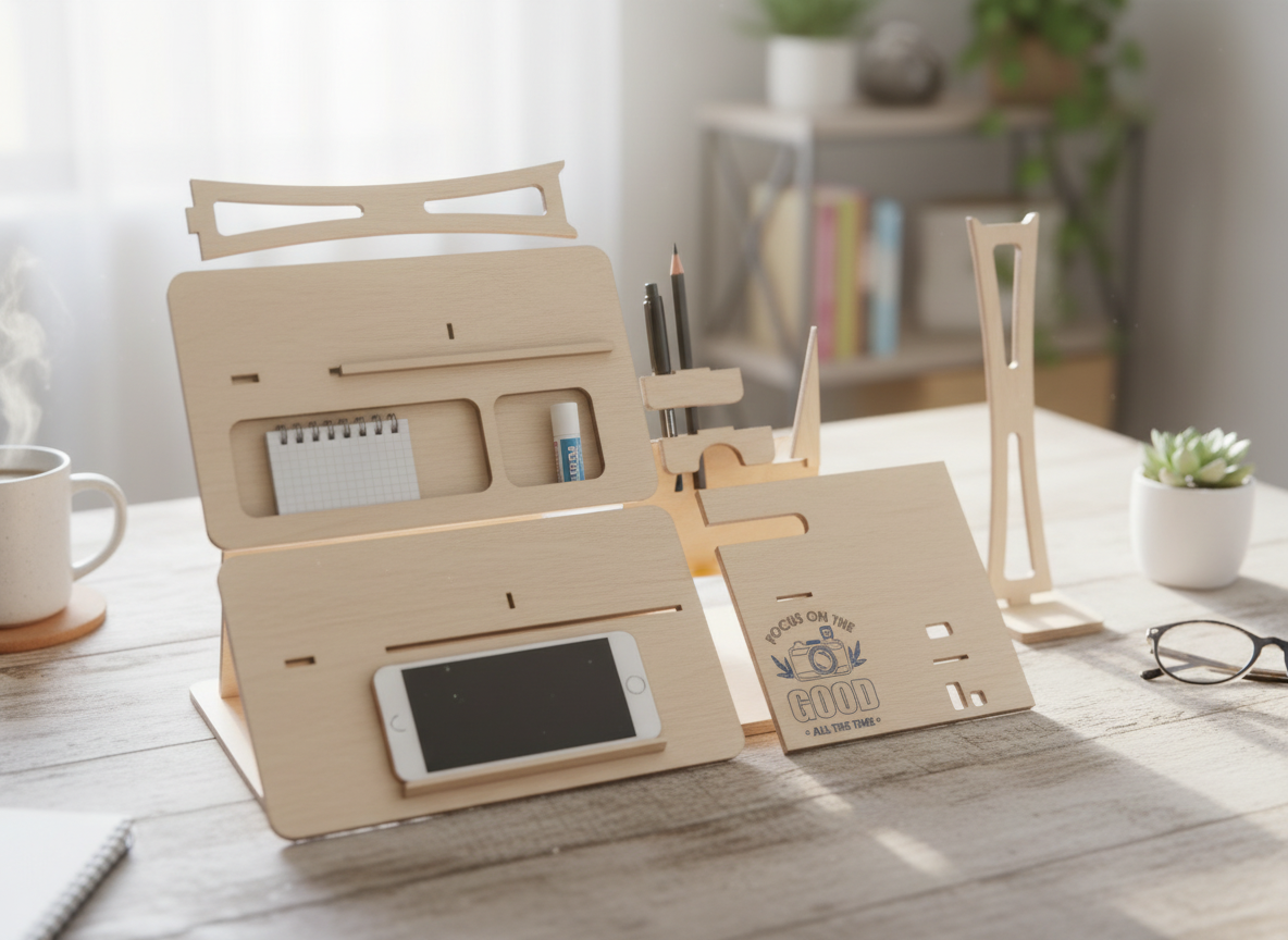 Camera-Themed Desk Organizer with Inspirational Quote office desk decor idea