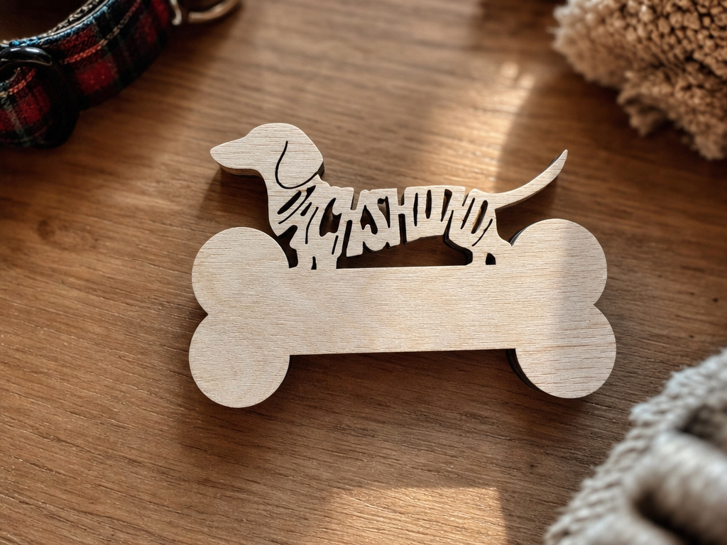 A dachshund cut across a bone-shaped board with its name engraved