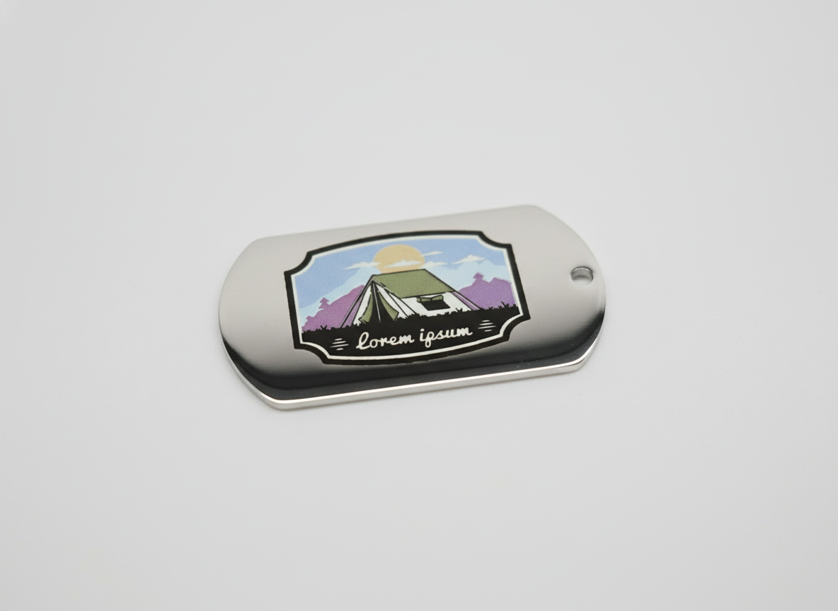 Custom Engraved Metal Camping Dog Tag with Tent Design pet id tag design