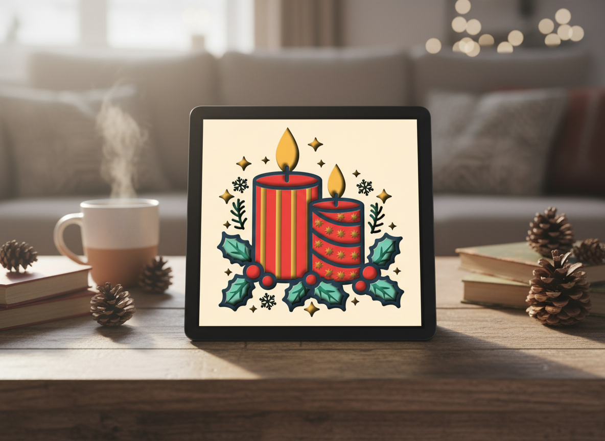 Paper cut Christmas candle decoration with holly leaves and berries