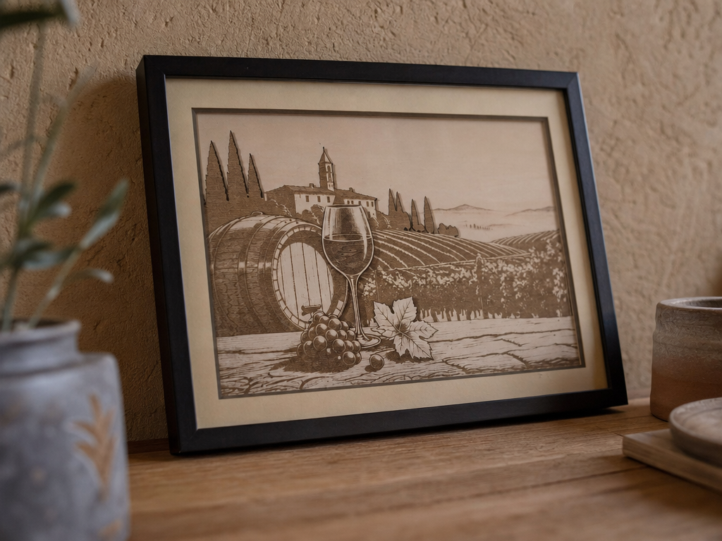 Paisaje de viñedo en decoración de pared por capas, idea de regalo de vino