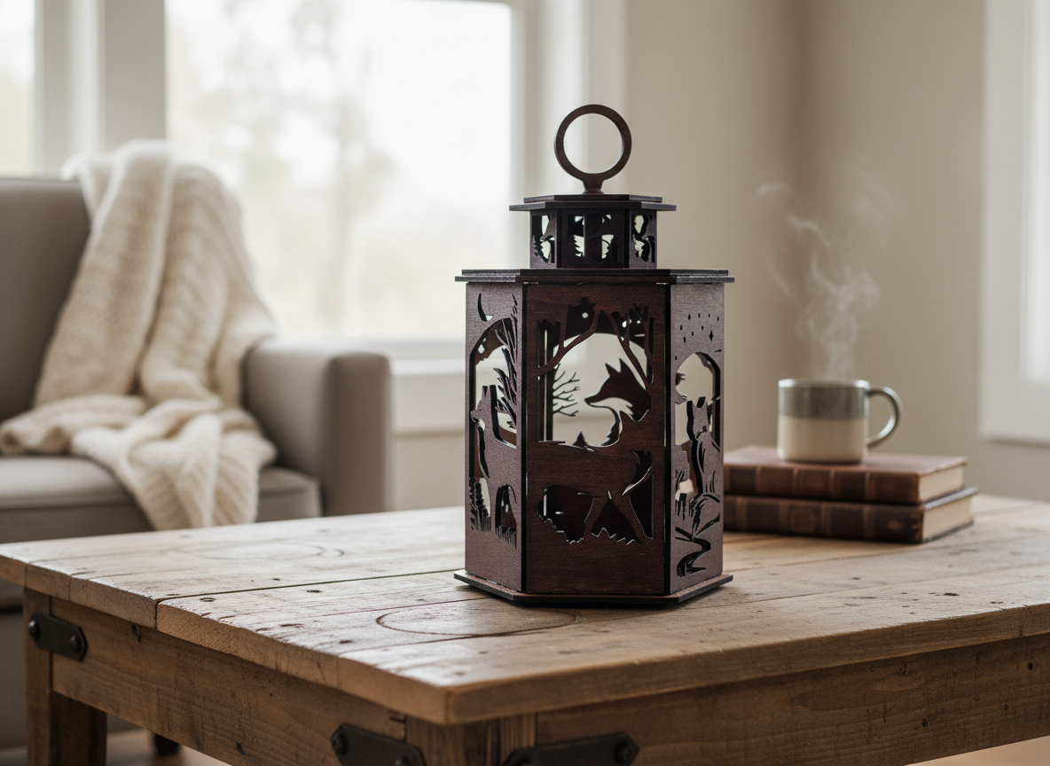 Hexagonal wooden lantern with fox and forest silhouette cutout and ring handle outdoor lantern idea
