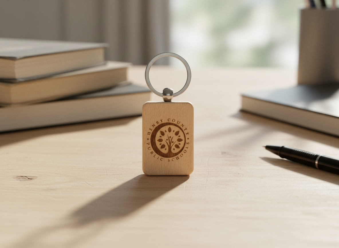 Laser Engraved Wooden Keychain with Henry County Public Schools Logo custom logo keychain idea