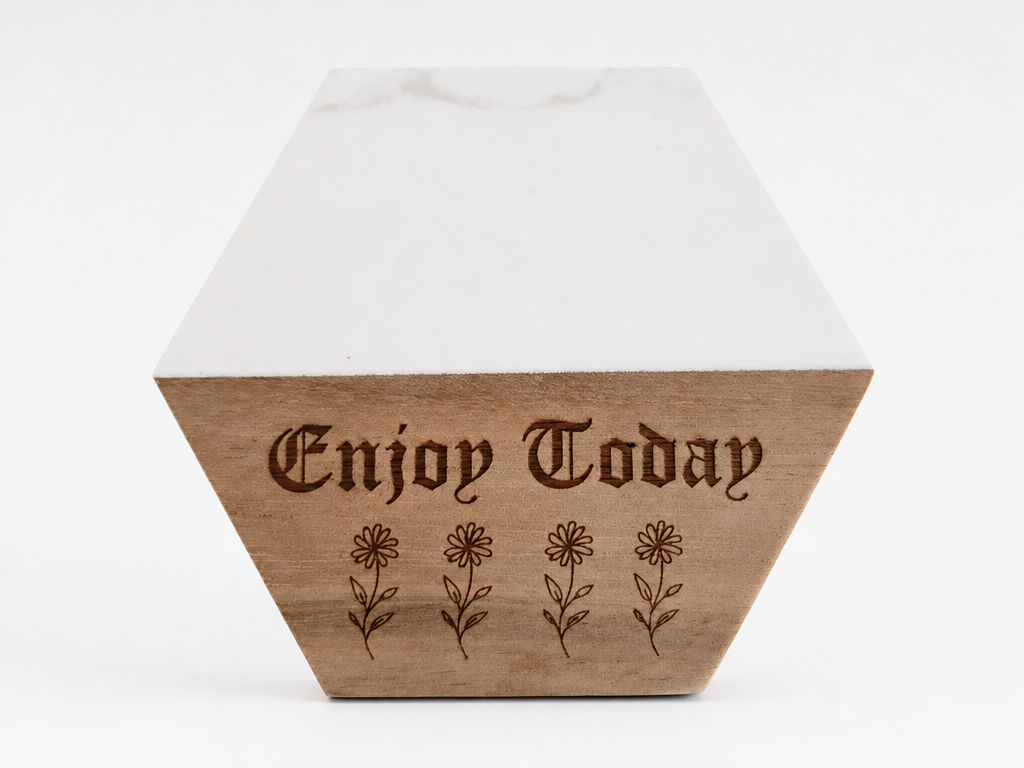 Hexagonal Engraved Marble and Wood Coaster