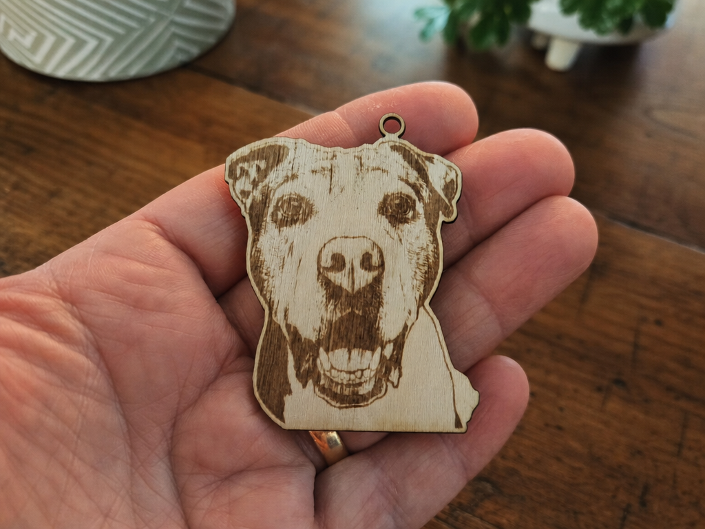Wooden dog portrait keychain charm or tree ornament laser engraved pet portrait idea