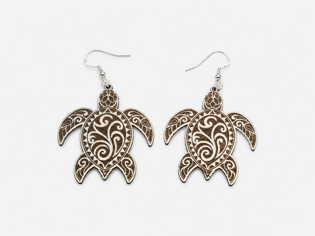 Tribal-Pattern Wooden Sea Turtle Earrings earring design