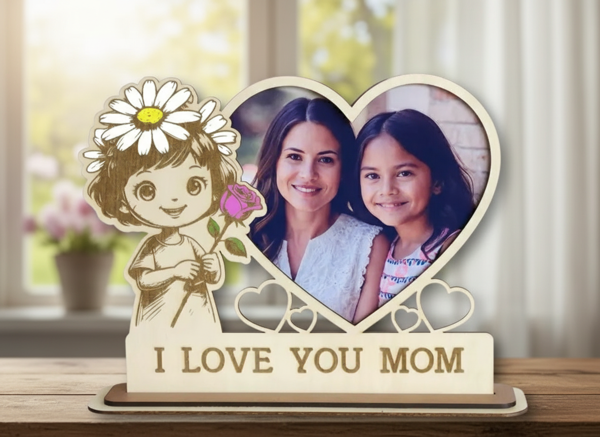 Mother's Day Heart Shaped Photo Frame with "I Love You Mom" photo frame design