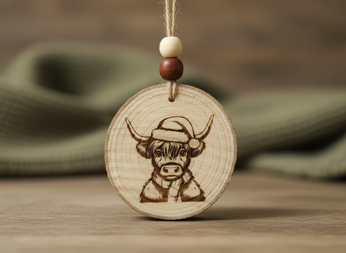 Highland cow portrait engraved on a natural wood slice