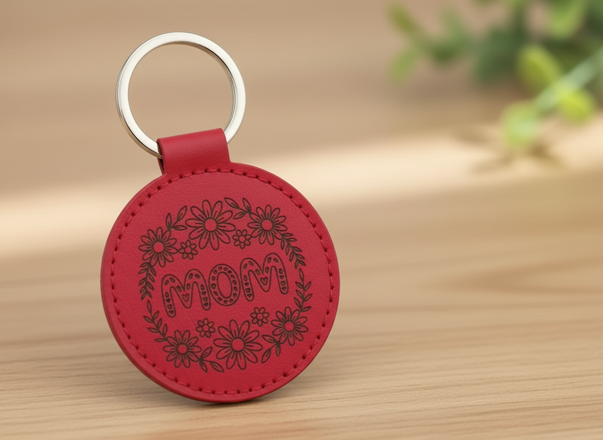 Floral Wreath MOM PU Leather Keyring custom leather keychain idea