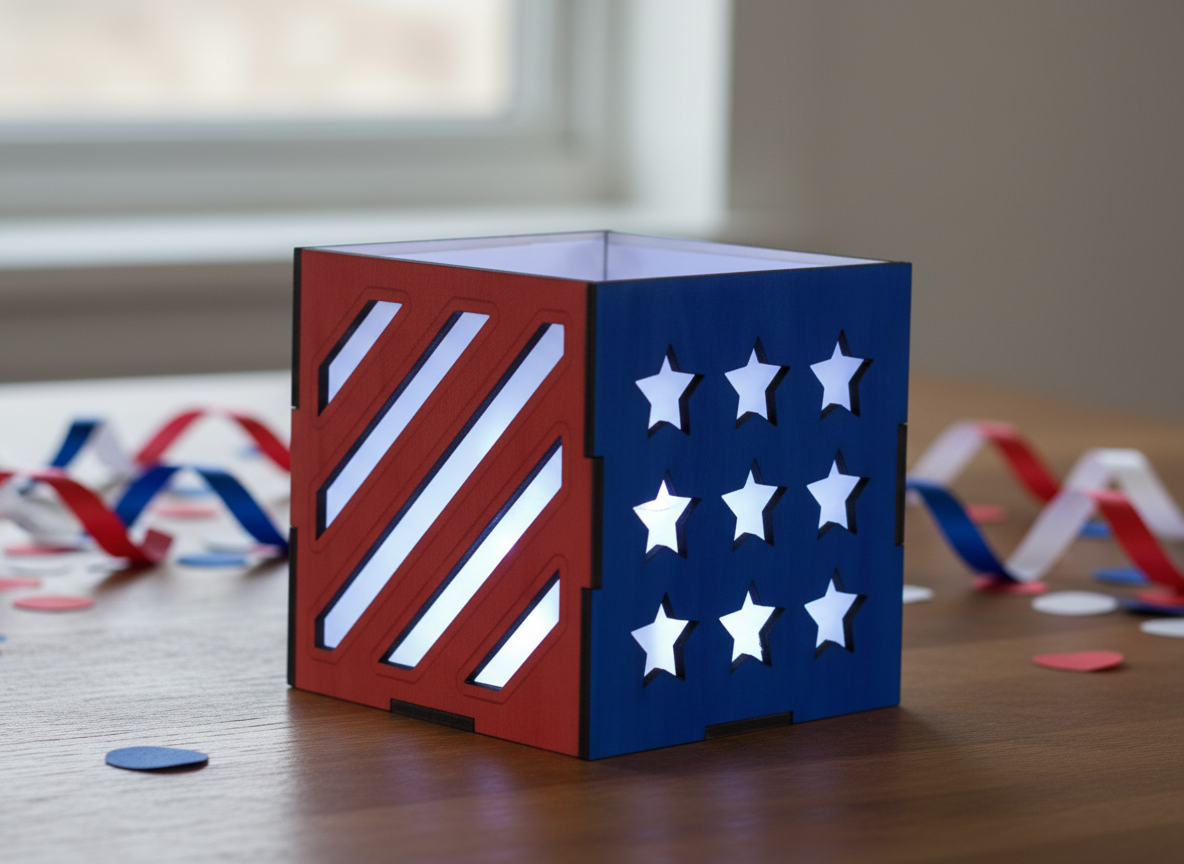 Square wooden luminary painted red white and blue with stars and stripes cutouts outdoor light idea