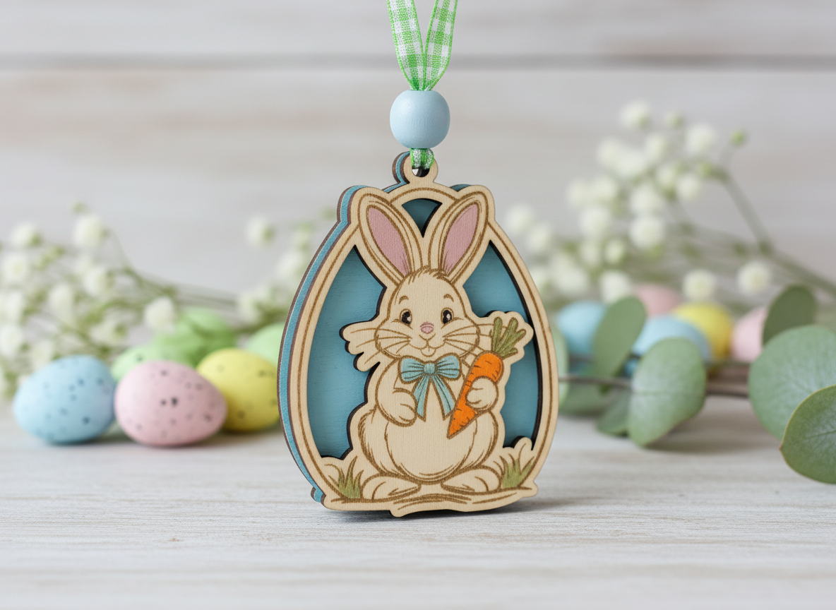 Two-piece layered Easter bunny ornament in wood