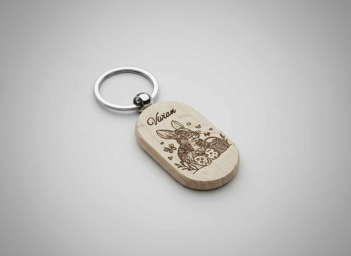 Personalized Wooden Keychain with Bunny and Eggs easter gift design