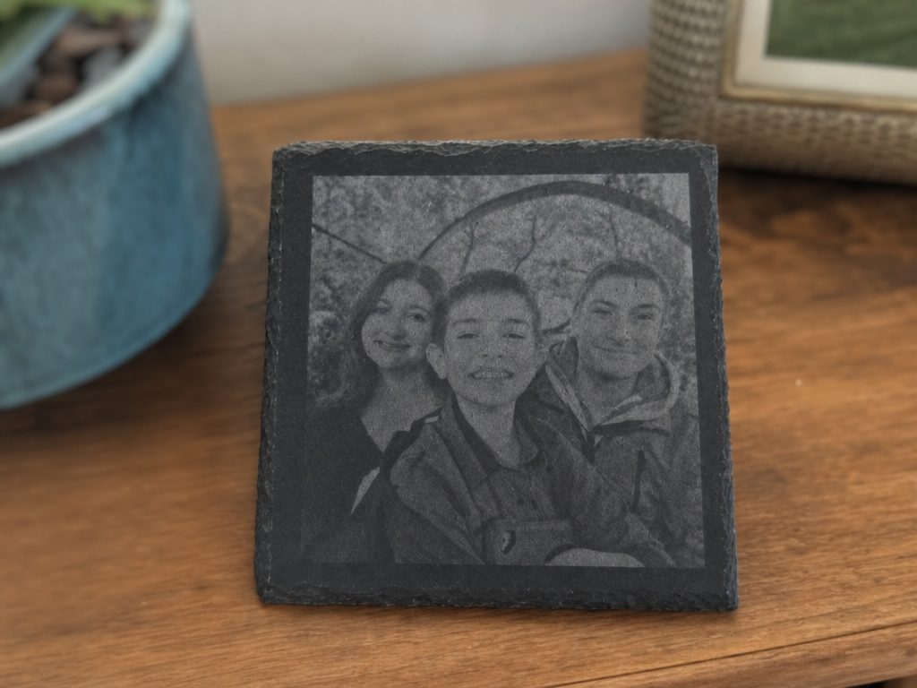 Square slate plaque engraved with a family portrait photo