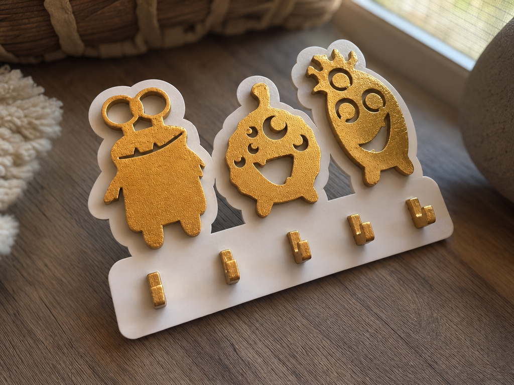 A key holder with three cartoon monsters above a row of brass hooks