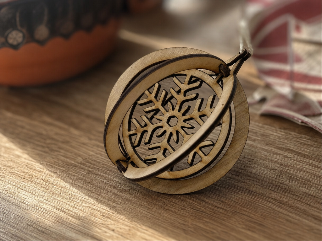 Wooden Snowflake Rotating Sphere Ornament free Christmas SVG laser cut design