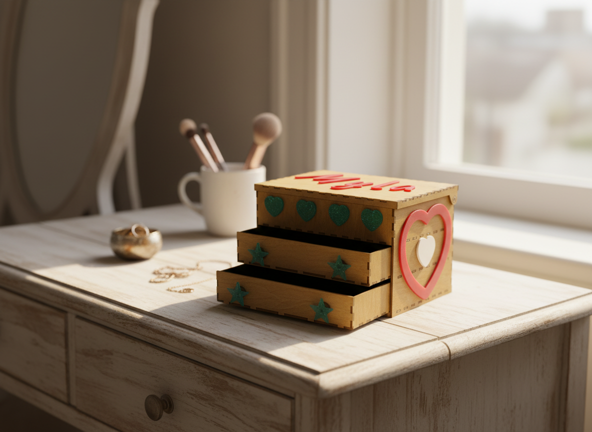 Personalized Laser Cut Wooden Jewelry Box with Drawers and Decorative Hearts gift for mom idea