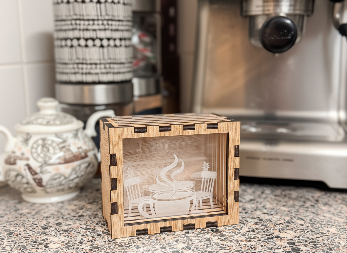 Shadow Box Coaster Set with Etched Coffee Shop Scene