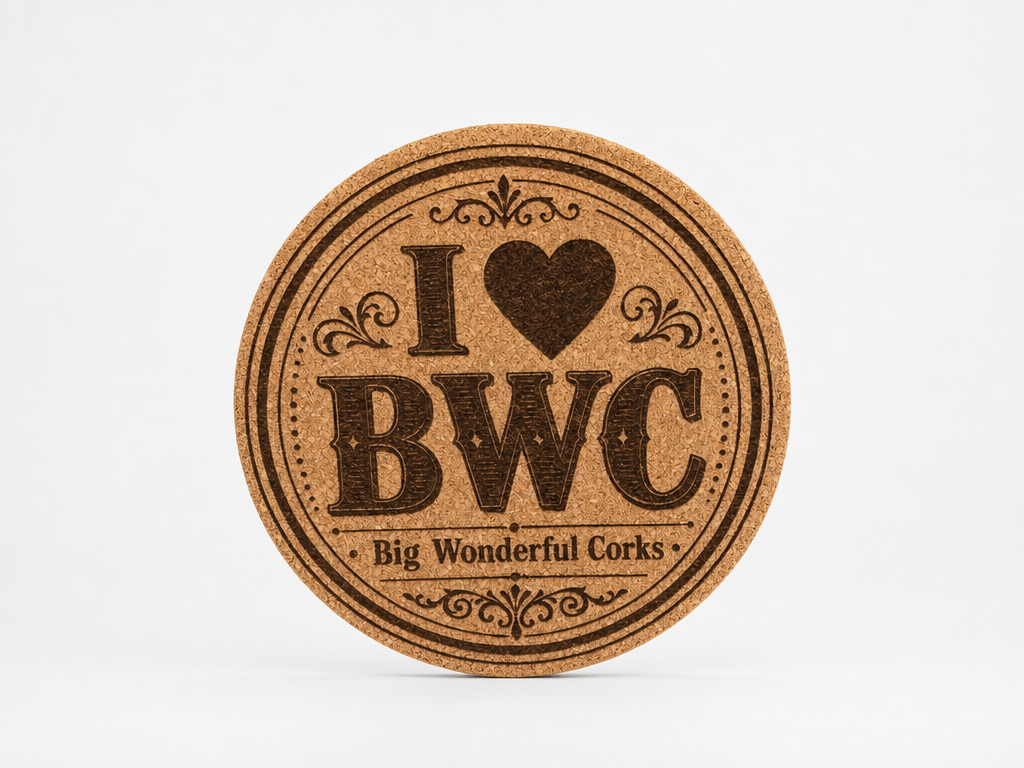 Runder Kork-Untersetzer mit dem Text „I Love Big Wonderful Corks
