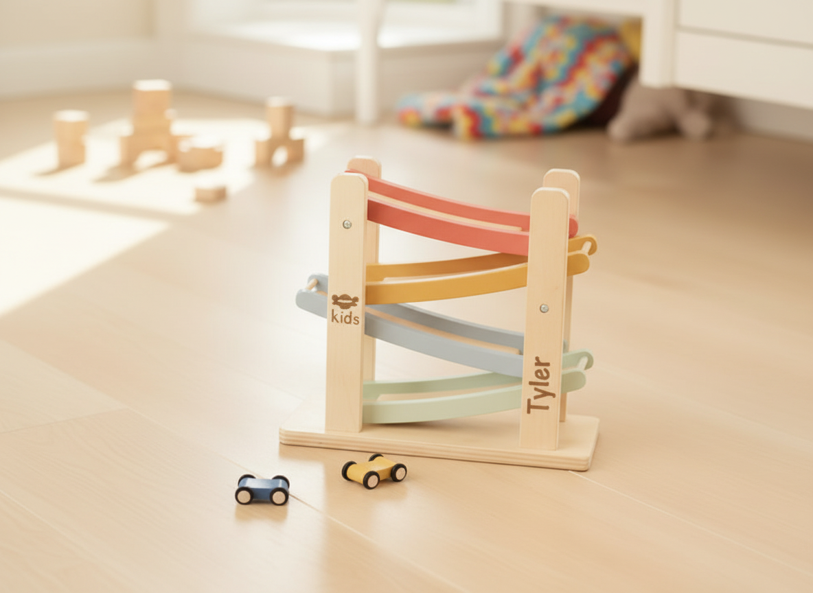 Personalized wooden kids ball track toy with engraved name
