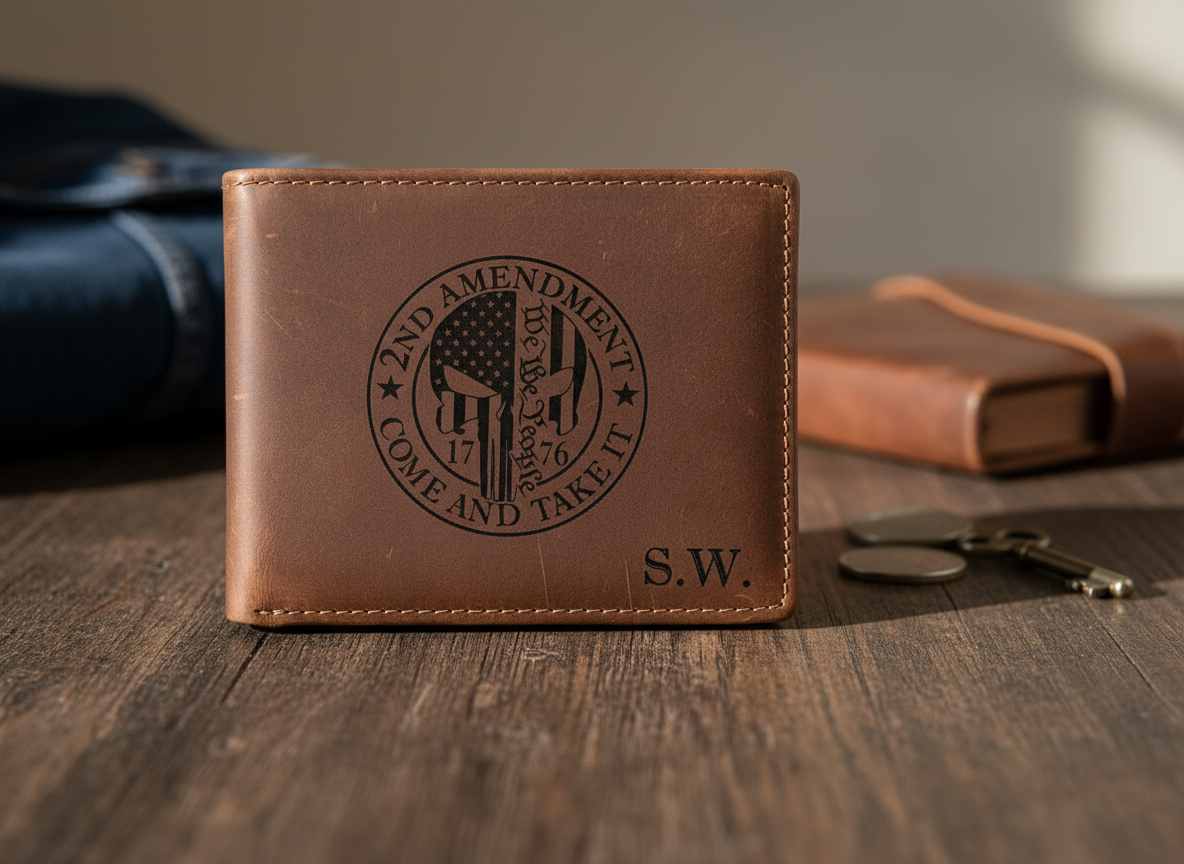 Laser Engraved Leather Wallet with 2nd Amendment Design and Initials personalized gift for him idea