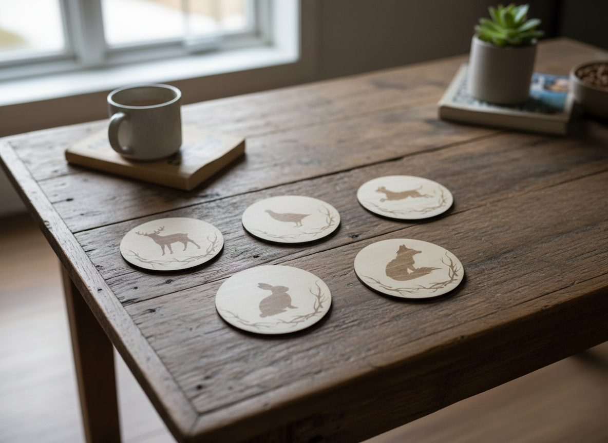 Set of five wooden animal coasters with nature designs