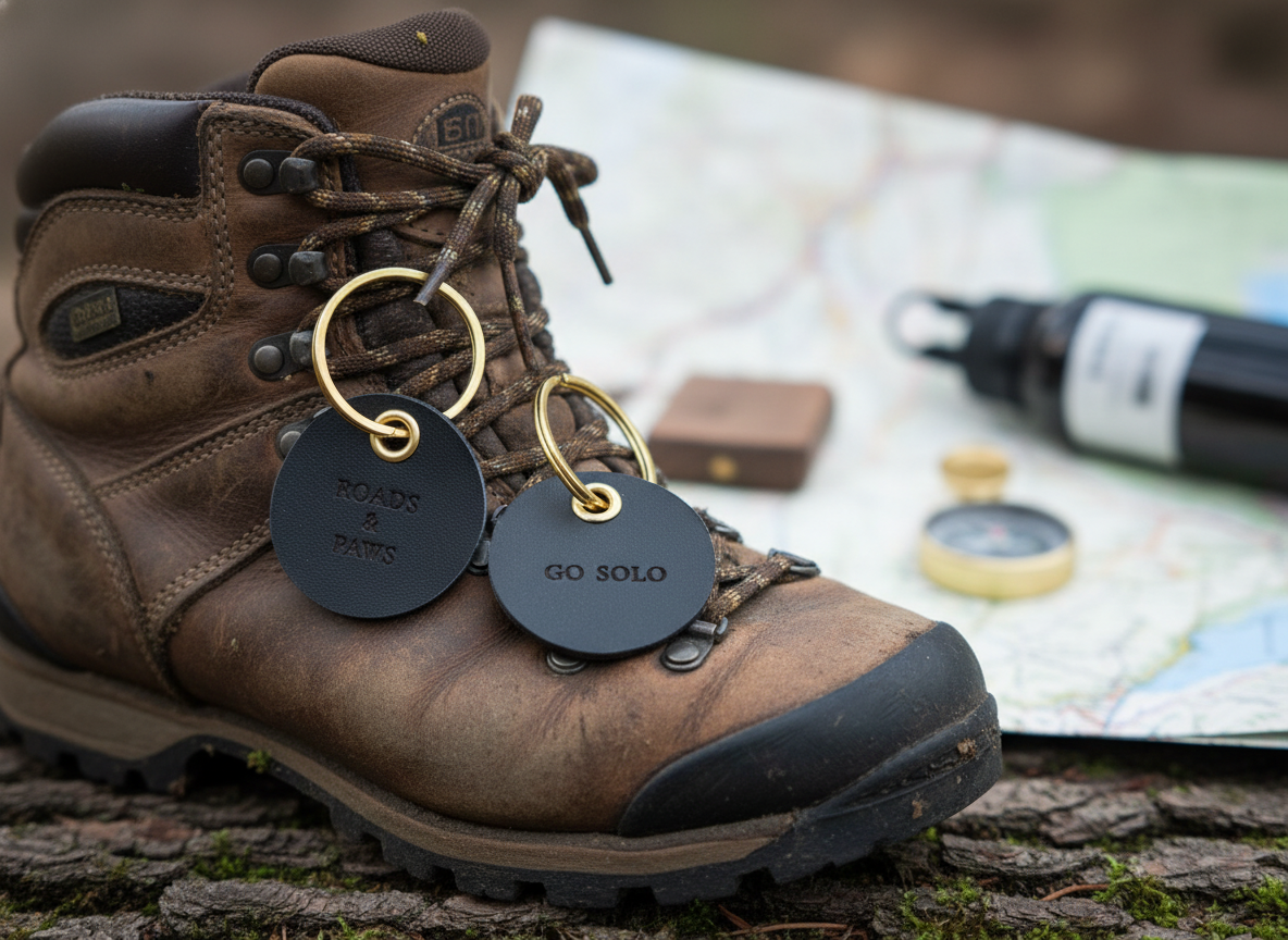 Leather Travel Keychain, "Roads & Paws, Go Solo" gift design