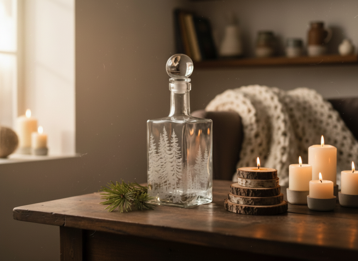 Engraved Glass Decanter with Woodland Scene groomsmen gift idea