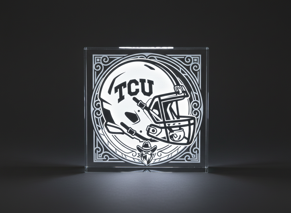 Laser cut TCU football helmet wall art with decorative frame