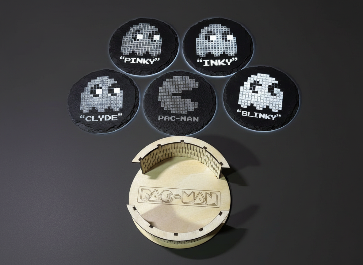Pac-Man themed slate coasters in a matching wooden storage holder