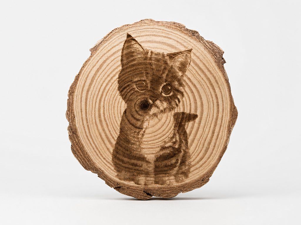 Detailed cat portrait engraved on a natural wood slice