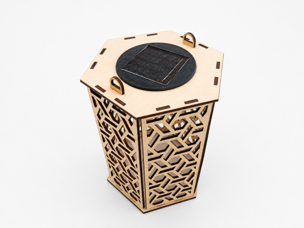 Tapered plywood hanging solar lantern with maze pattern cutouts garden light idea