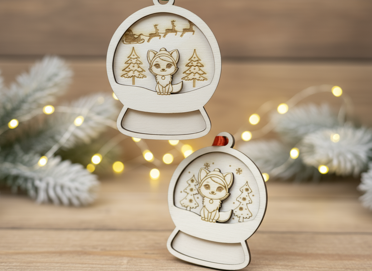 Cute fox character inside a customizable round Christmas ball ornament