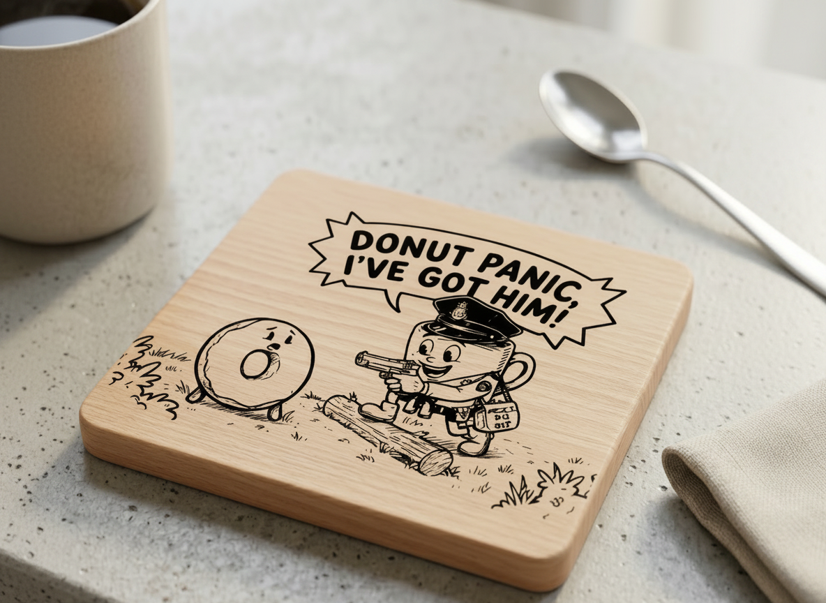 Dessous de verre en bois gravé d'une illustration humoristique de beignet de policier