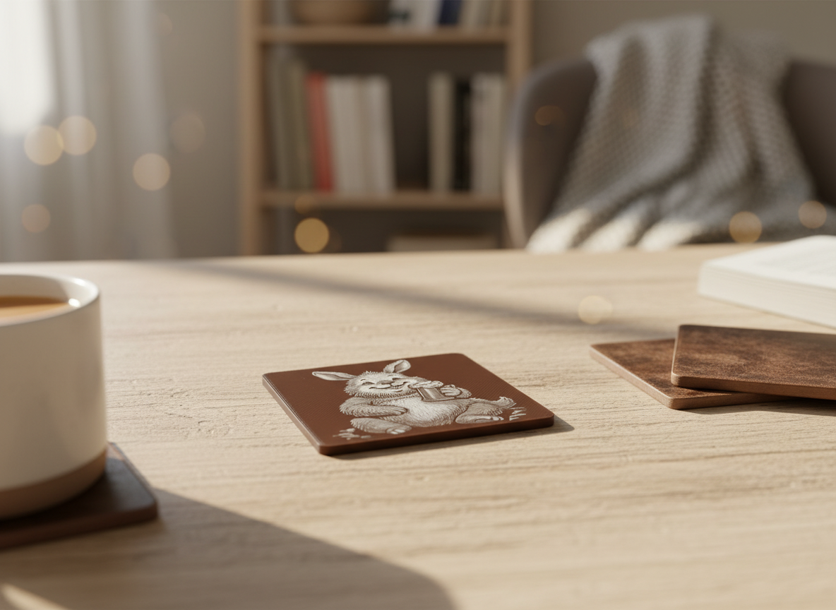 Square coaster featuring a cheerful rabbit holding a beer mug