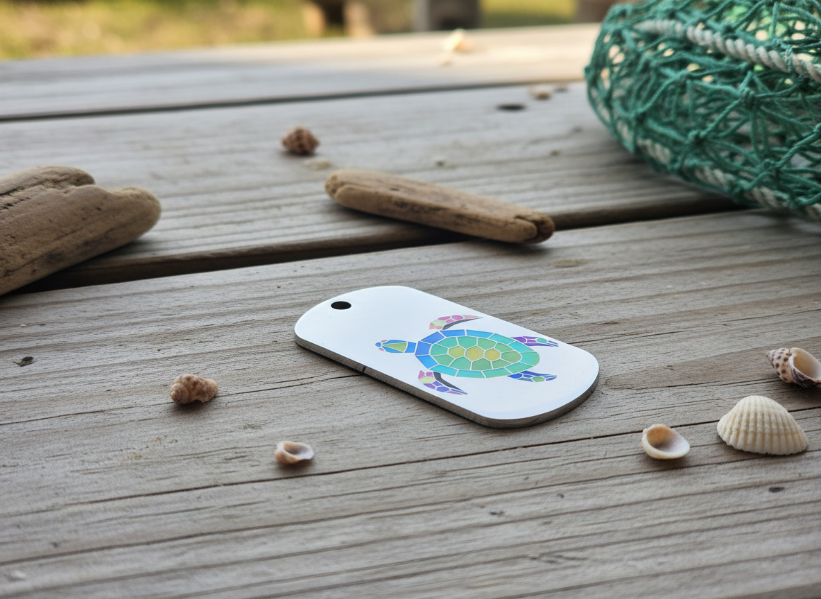 Colorful Geometric Sea Turtle on a Metal Dog Tag pet id tag design