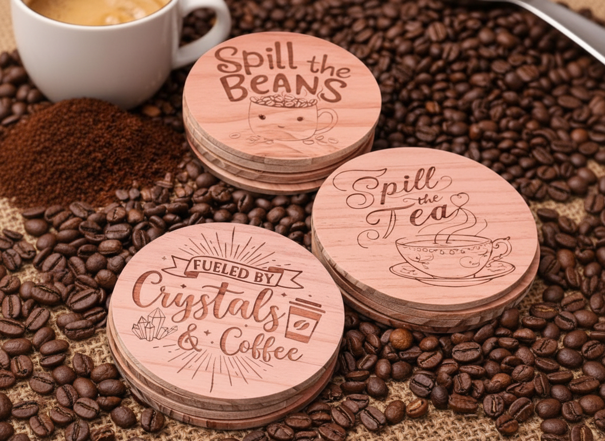 Wooden engraved coffee and tea themed coaster set