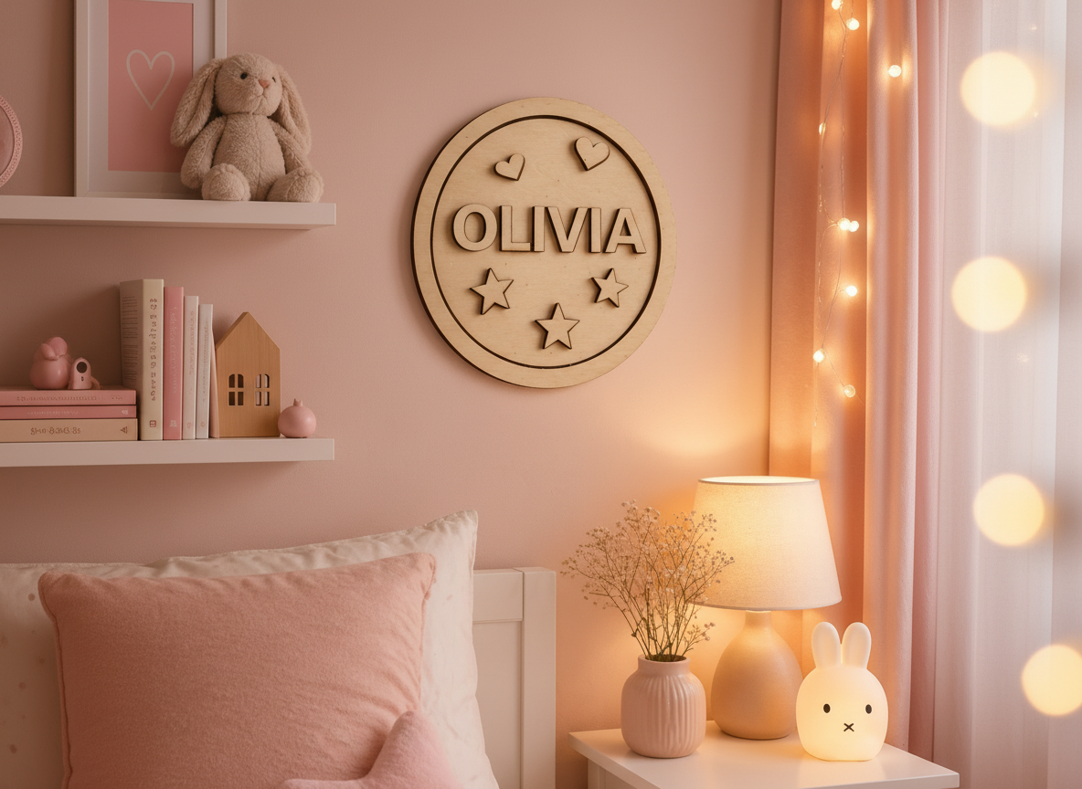 Una placa redonda de madera con el nombre Olivia, estrellas, y un corazón sobre una pared rosa
