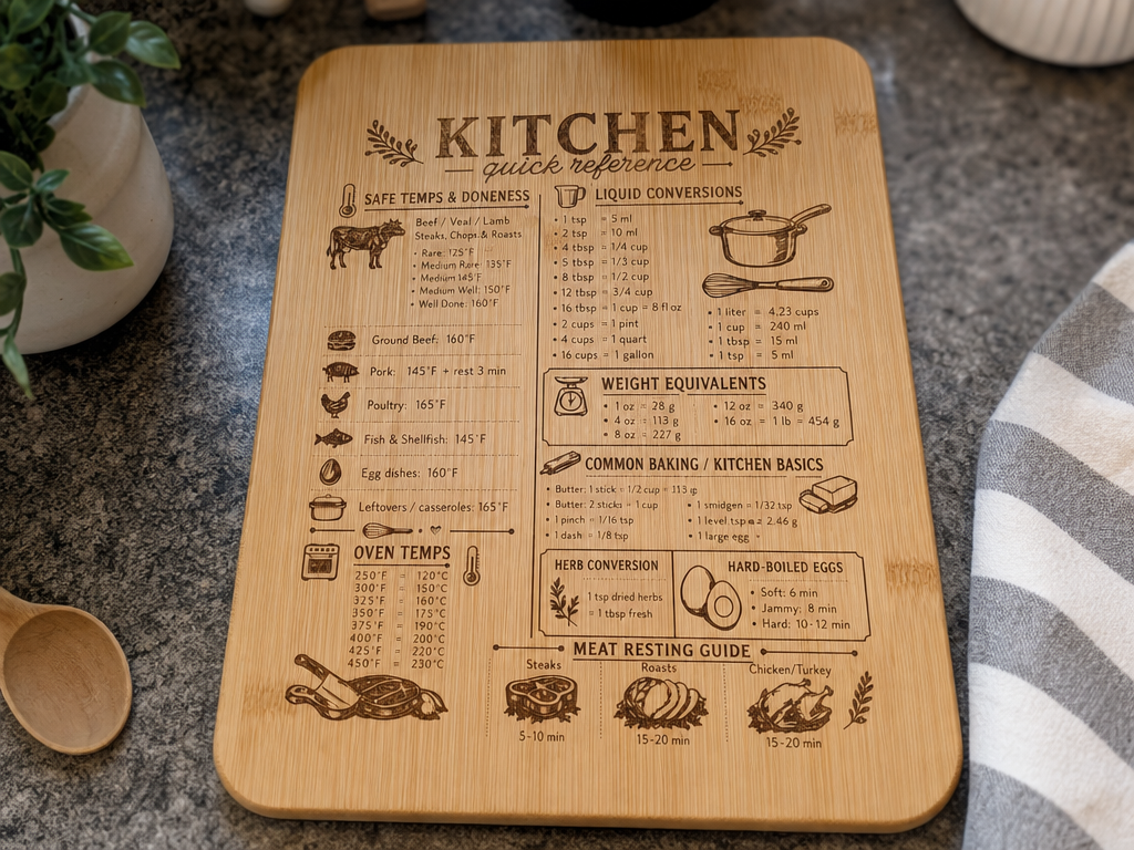 Kitchen Quick Reference Bamboo Cutting Board with Cooking Conversion Charts cutting board design