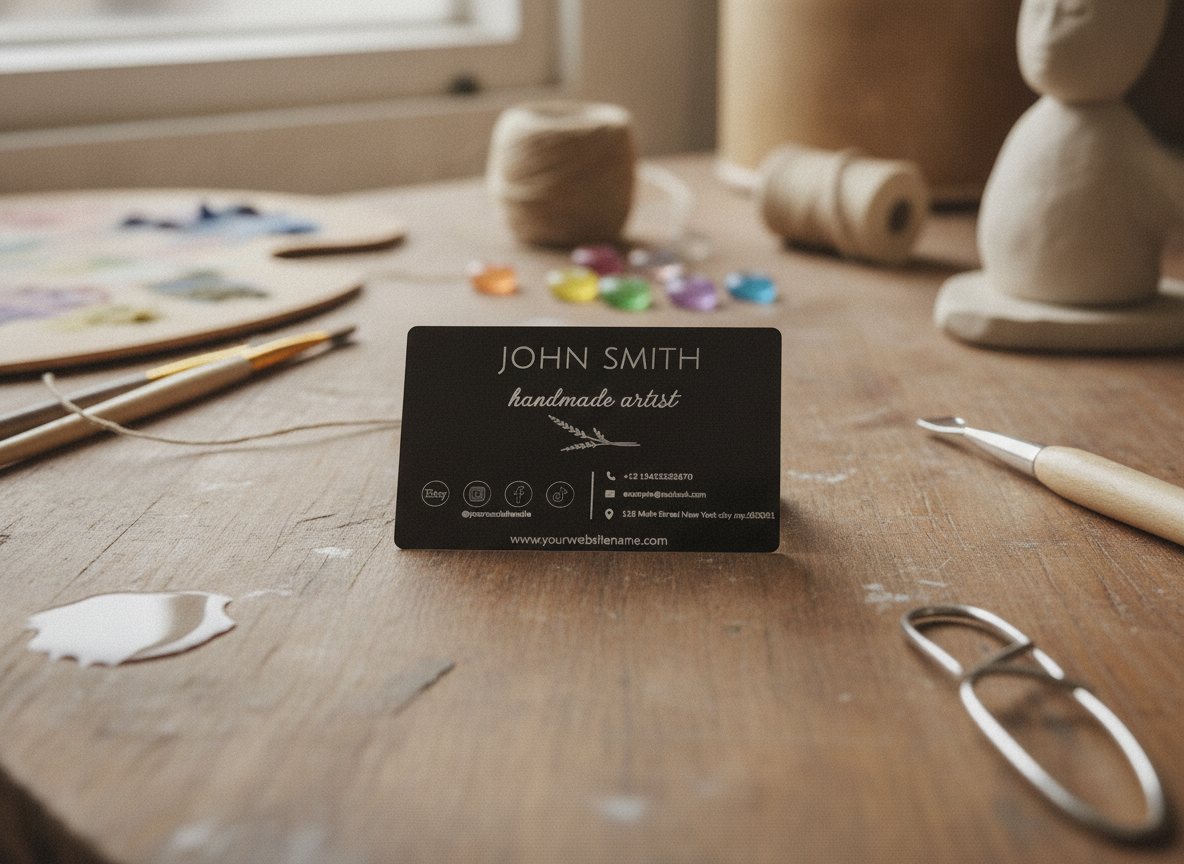 A black metal business card engraved with a name and contact details