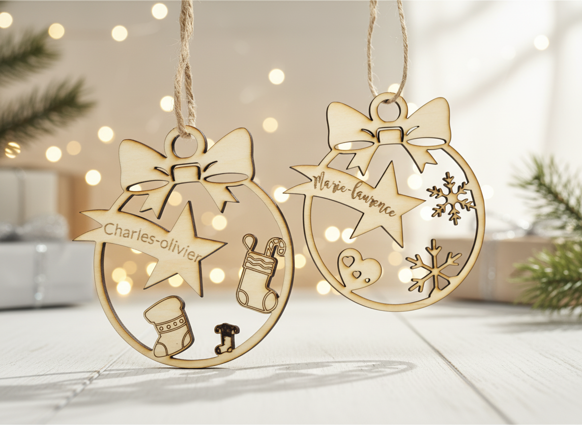 Personalized Laser Cut Wooden Christmas Ornament with Names – personalizirana zasnova božičnega okraska